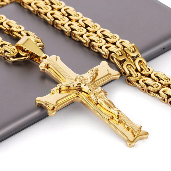 Gold Color Stainless Steel Jesus Cross Pendant Link Byzantine Chain Choker - SolaceConnect.com