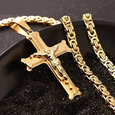 Gold Color Stainless Steel Jesus Cross Pendant Link Byzantine Chain Choker - SolaceConnect.com