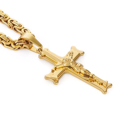 Gold Color Stainless Steel Jesus Cross Pendant Link Byzantine Chain Choker  -  GeraldBlack.com