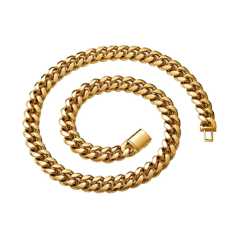 Gold Color Stainless Steel Round Cuban Miami Chains Necklaces Big Heavy Bling Gold Chain for Men Rapper Jewelry  -  GeraldBlack.com