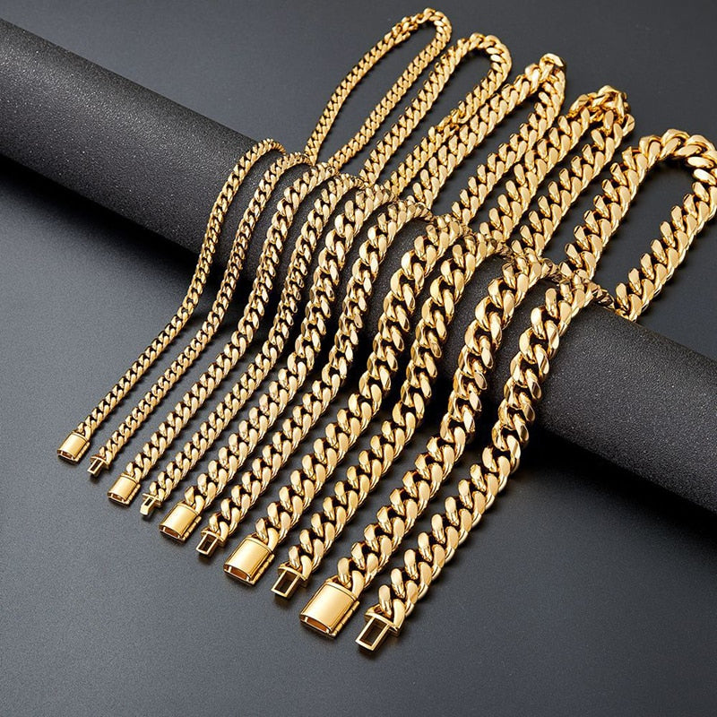 Gold Color Stainless Steel Round Cuban Miami Chains Necklaces Big Heavy Bling Gold Chain for Men Rapper Jewelry  -  GeraldBlack.com