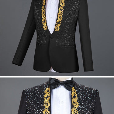 Gold Embroidery Suit Men Stand Collar Diamond Blazer with Pants Wedding Groom Tuxedo Suits Stage Singer Party Costume Homme  -  GeraldBlack.com
