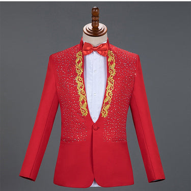 Gold Embroidery Suit Men Stand Collar Diamond Blazer with Pants Wedding Groom Tuxedo Suits Stage Singer Party Costume Homme  -  GeraldBlack.com