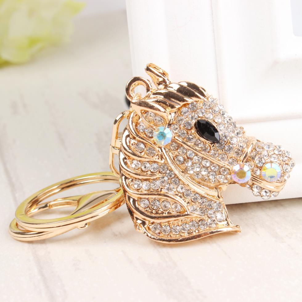 Gold Horse Head Metal Crystal Charm Pendant Car Purse Bag Key Chain Ring - SolaceConnect.com