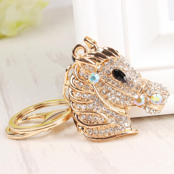 Gold Horse Head Metal Crystal Charm Pendant Car Purse Bag Key Chain Ring - SolaceConnect.com