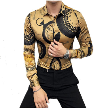 Gold Luxury Print Clothing Designer Slim Long Sleeve Shirt for Men  -  GeraldBlack.com