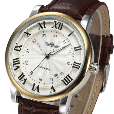Gold Self Wind Automatic Sport Leather Wristwatches for Men with Calendar - SolaceConnect.com