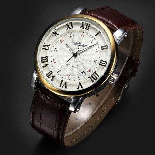 Gold Self Wind Automatic Sport Leather Wristwatches for Men with Calendar - SolaceConnect.com