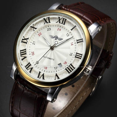 Gold Self Wind Automatic Sport Leather Wristwatches for Men with Calendar  -  GeraldBlack.com