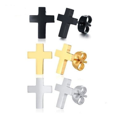 Gold Silver and Black Tone Stainless Steel Simple Cross Stud Unisex Earring  -  GeraldBlack.com
