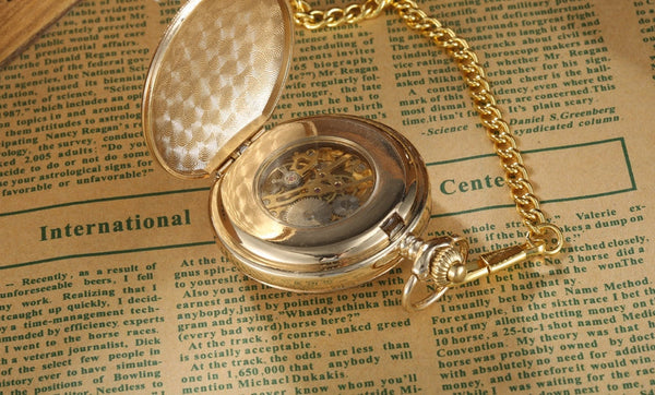 Gold Steel Carving 2 Sides Open Case Roman Dial Mechanical Pocket Watch  -  GeraldBlack.com