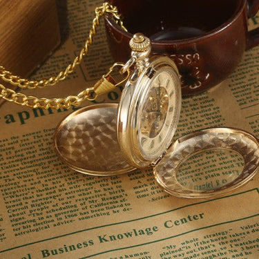 Gold Steel Carving 2 Sides Open Case Roman Dial Mechanical Pocket Watch  -  GeraldBlack.com