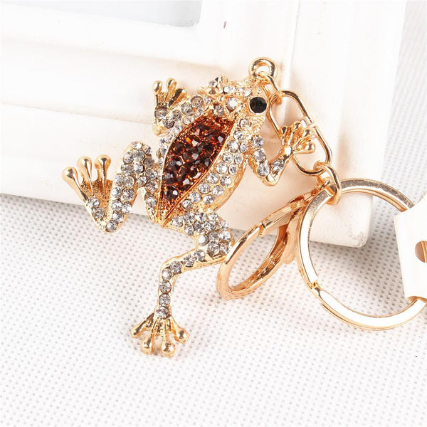 Golden Frog Crown Crystal Rhinestone Charm Pendant Purse Bag Key Ring Chain - SolaceConnect.com