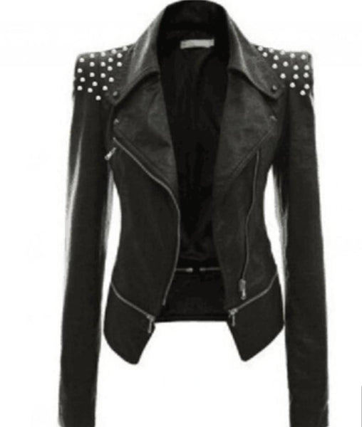 Gothic Black Synthetic Leather Jacket with Moto Zippers for Women - SolaceConnect.com