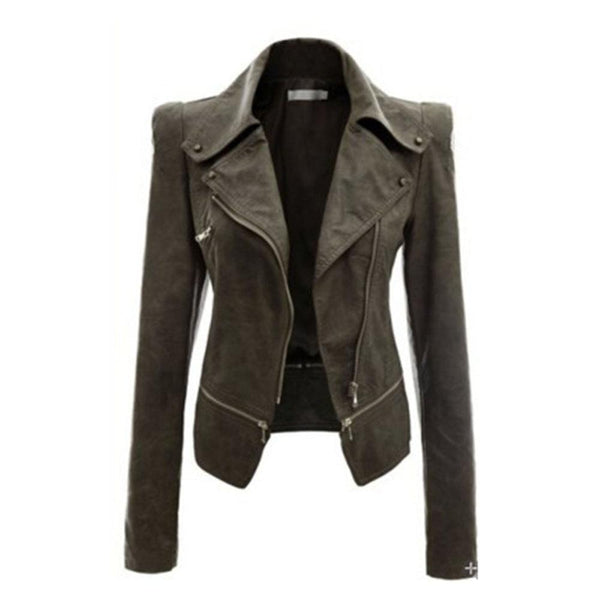 Gothic Black Synthetic Leather Jacket with Moto Zippers for Women - SolaceConnect.com