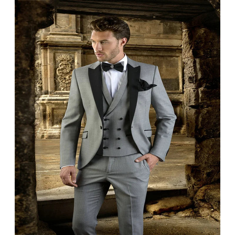Gray Blazer Vest Pants Groom Wedding Slim Fit Tuxedos For Men Groomsmen Suit Formal Party  -  GeraldBlack.com