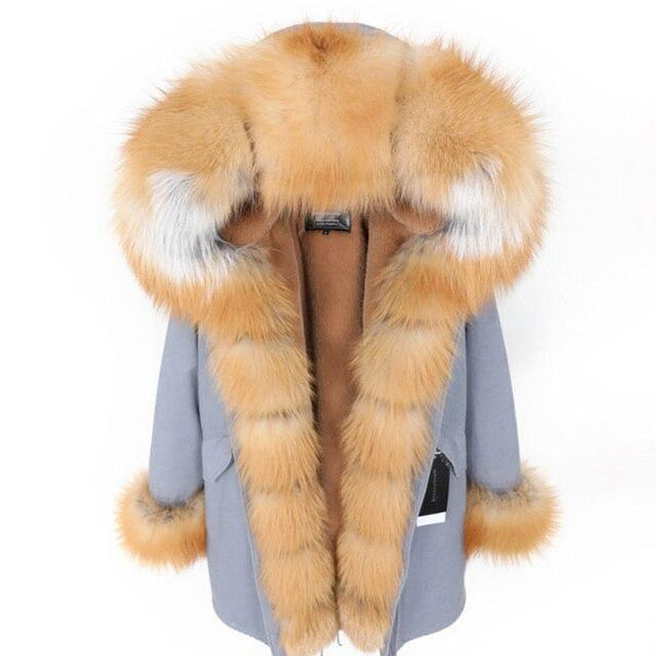 Gray Women's leather jacket Large Natural Fox Fur Hooded Coat Parka Outwear Long Detachable Lining winter jackets - SolaceConnect.com