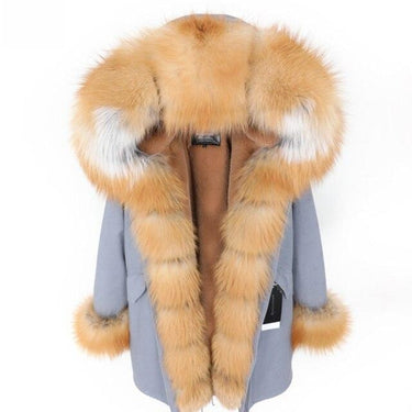 Gray Color Women's Fox Fur Leather Hooded Long Detachable Coats & Jackets  -  GeraldBlack.com