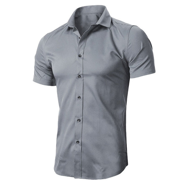 Gray Elastic Bamboo Fiber Shirt Men Summer Short Sleeve Mens Dress Shirts Non Iron Easy Care Business Work  -  GeraldBlack.com