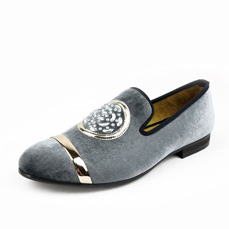 Gray Fashion Men Velvet Classic Casual Gold Top and Metal Toe Handmade Luxurious Loafers Shoes  -  GeraldBlack.com