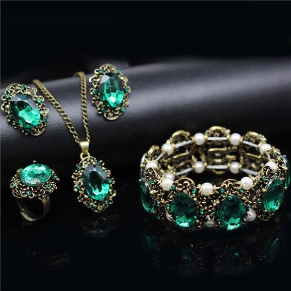 Green Crystal Antique Bronze Color Bridal Necklace Earrings Jewelry Sets - SolaceConnect.com