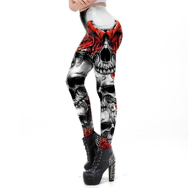 Halloween Style Sugar Skull Leggings for Women with Rose Print - SolaceConnect.com