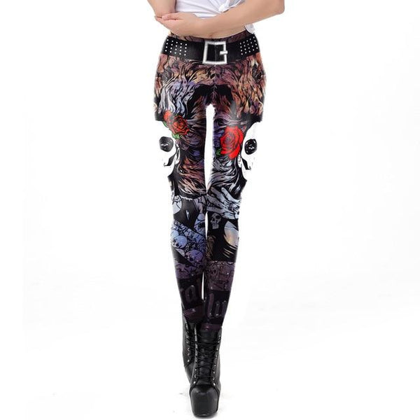 Halloween Style Sugar Skull Leggings for Women with Rose Print - SolaceConnect.com