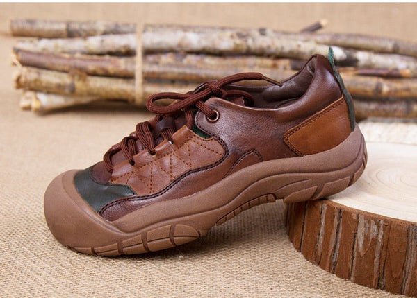 Handmade Autumn Women's Genuine Leather Mixed Colors Lace-up Sneakers Shoes - SolaceConnect.com