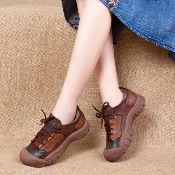 Handmade Autumn Women's Genuine Leather Mixed Colors Lace-up Sneakers Shoes - SolaceConnect.com
