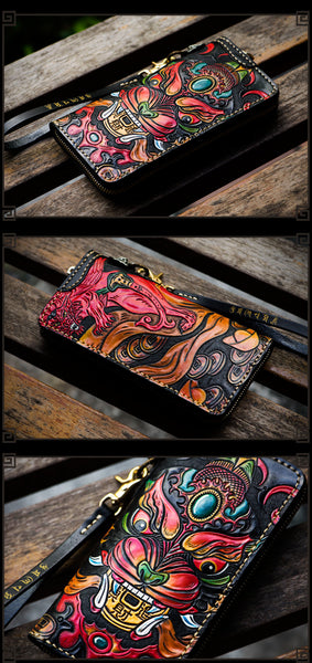 Handmade Carving Lion Women Shype Wallet Purses Long Wallets Clutch Genuine Leather Men Purse  -  GeraldBlack.com