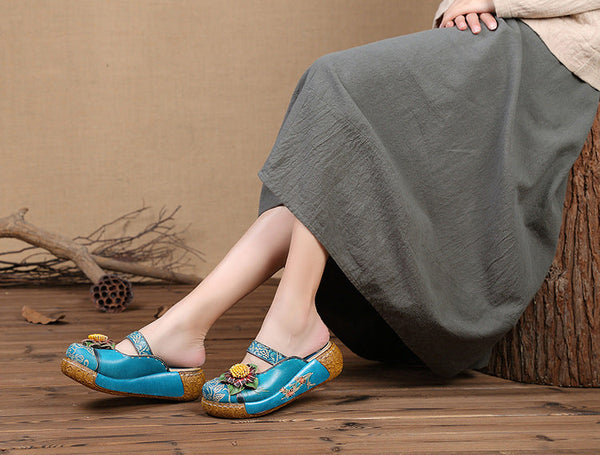 Handmade Flower Genuine Leather Slides Flip Flop Slippers for women  -  GeraldBlack.com