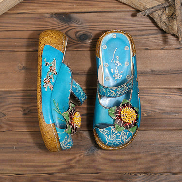 Handmade Flower Genuine Leather Slides Flip Flop Slippers for women  -  GeraldBlack.com