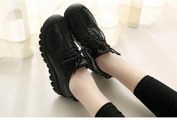 Handmade Leather Flat Casual Lace-Up Slip On Solid Color Shoes for Women  -  GeraldBlack.com