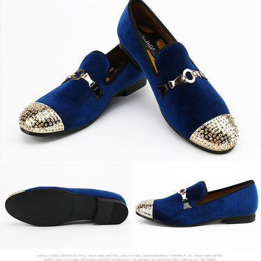 Handmade Men Velvet Shoes With Gold Buckle And Gold Toes Smoking Wedding Loafers  -  GeraldBlack.com