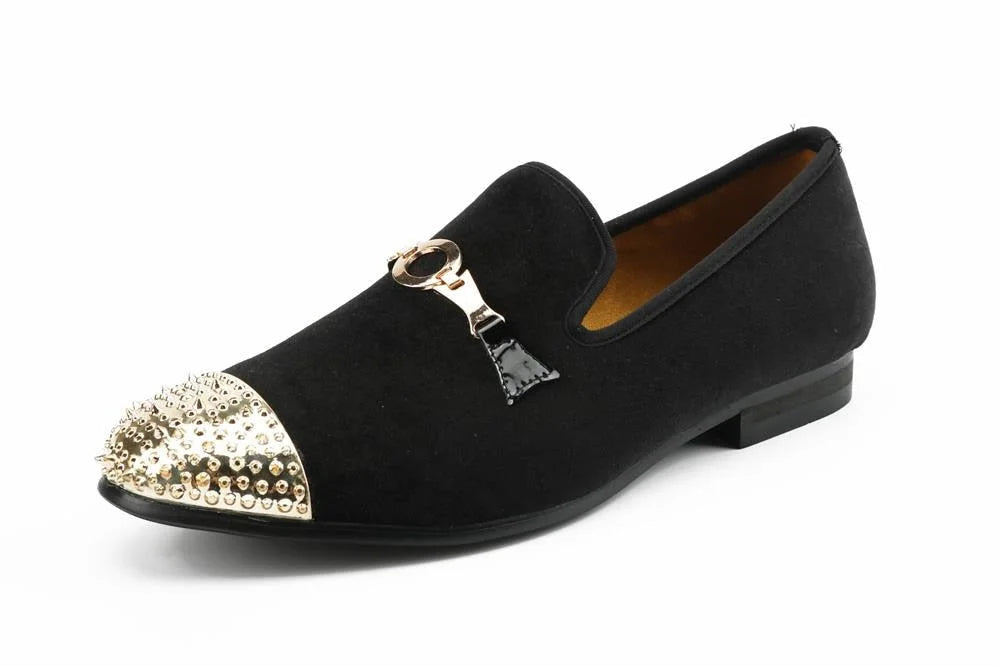 Handmade Men Velvet Shoes With Gold Buckle And Gold Toes Smoking Wedding Loafers  -  GeraldBlack.com