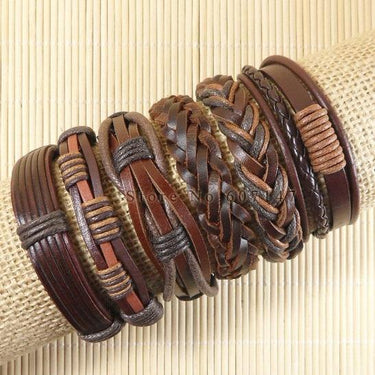 Handmade Real Charm Wrap Brown Leather Bracelet 6Pcs for Men &amp; Women - SolaceConnect.com