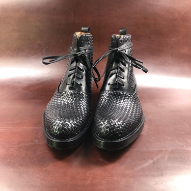Handmade Weave Genuine Leather Pointed Toe Cowboy Boots for Men - SolaceConnect.com