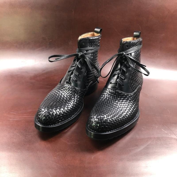 Handmade Weave Genuine Leather Pointed Toe Cowboy Boots for Men - SolaceConnect.com