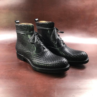 Handmade Weave Genuine Leather Pointed Toe Cowboy Boots for Men  -  GeraldBlack.com