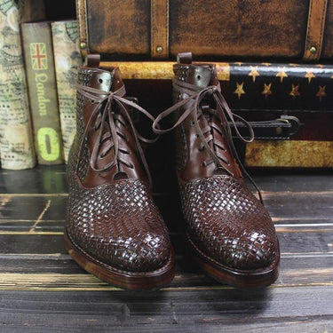 Handmade Weave Genuine Leather Pointed Toe Cowboy Boots for Men  -  GeraldBlack.com