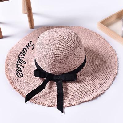 Handmade Weaved Letter Sun Hat with Black Ribbon Lace For Women - SolaceConnect.com