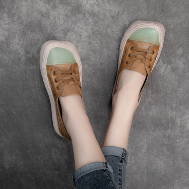 Handmade Women's Genuine Leather Lace-up Hollow Flats Sneakers Shoes - SolaceConnect.com