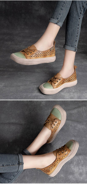 Handmade Women's Genuine Leather Lace-up Hollow Flats Sneakers Shoes - SolaceConnect.com