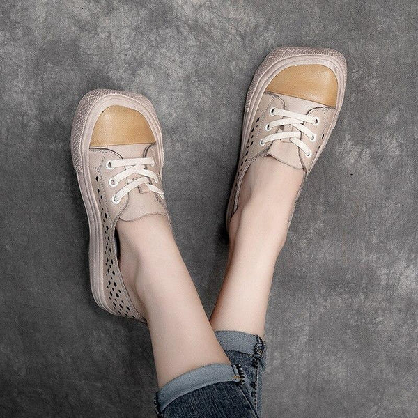 Handmade Women's Genuine Leather Lace-up Hollow Flats Sneakers Shoes  -  GeraldBlack.com