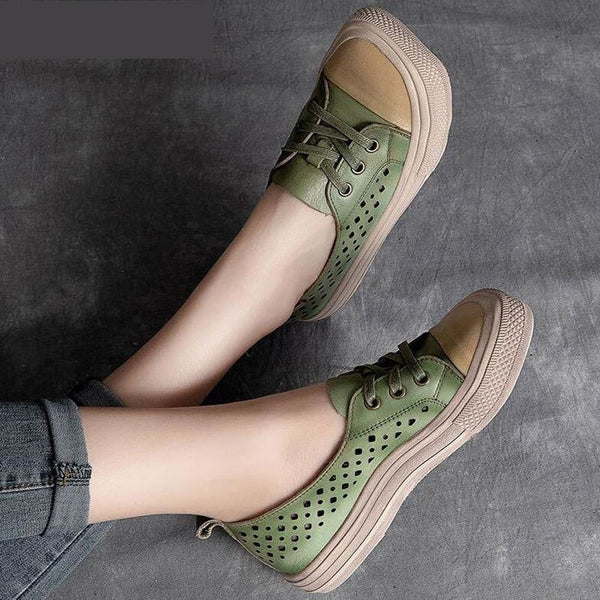 Handmade Women's Genuine Leather Lace-up Hollow Flats Sneakers Shoes  -  GeraldBlack.com