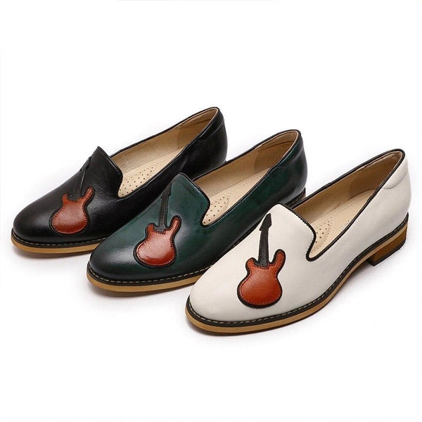 Handmade Women's Guitar Pattern Leather Slip-on Flats Tassel Penny Loafers - SolaceConnect.com