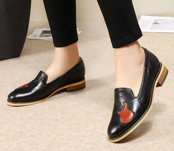 Handmade Women's Guitar Pattern Leather Slip-on Flats Tassel Penny Loafers - SolaceConnect.com