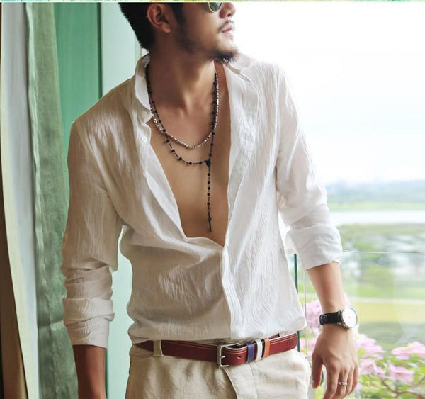 Hawaiian Summer Wear Cotton Linen Long Sleeve Slim Fit Men’s Shirts - SolaceConnect.com
