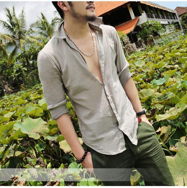 Hawaiian Summer Wear Cotton Linen Long Sleeve Slim Fit Men’s Shirts  -  GeraldBlack.com