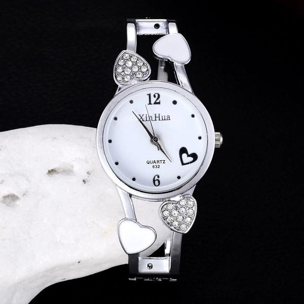 Heart Shaped Stainless Steel Bracelet Watch Clock for Women with Rhinestone  -  GeraldBlack.com